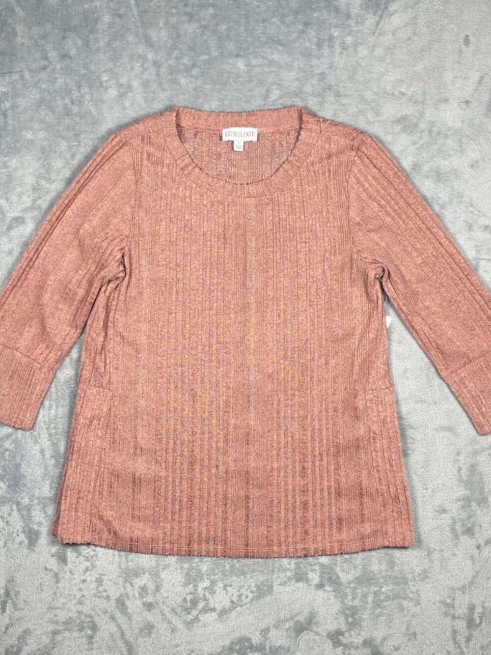 Womens Ribbed Knit Tunic Top Small Pink 3/4 Sleeve Stretch Casual Pullover